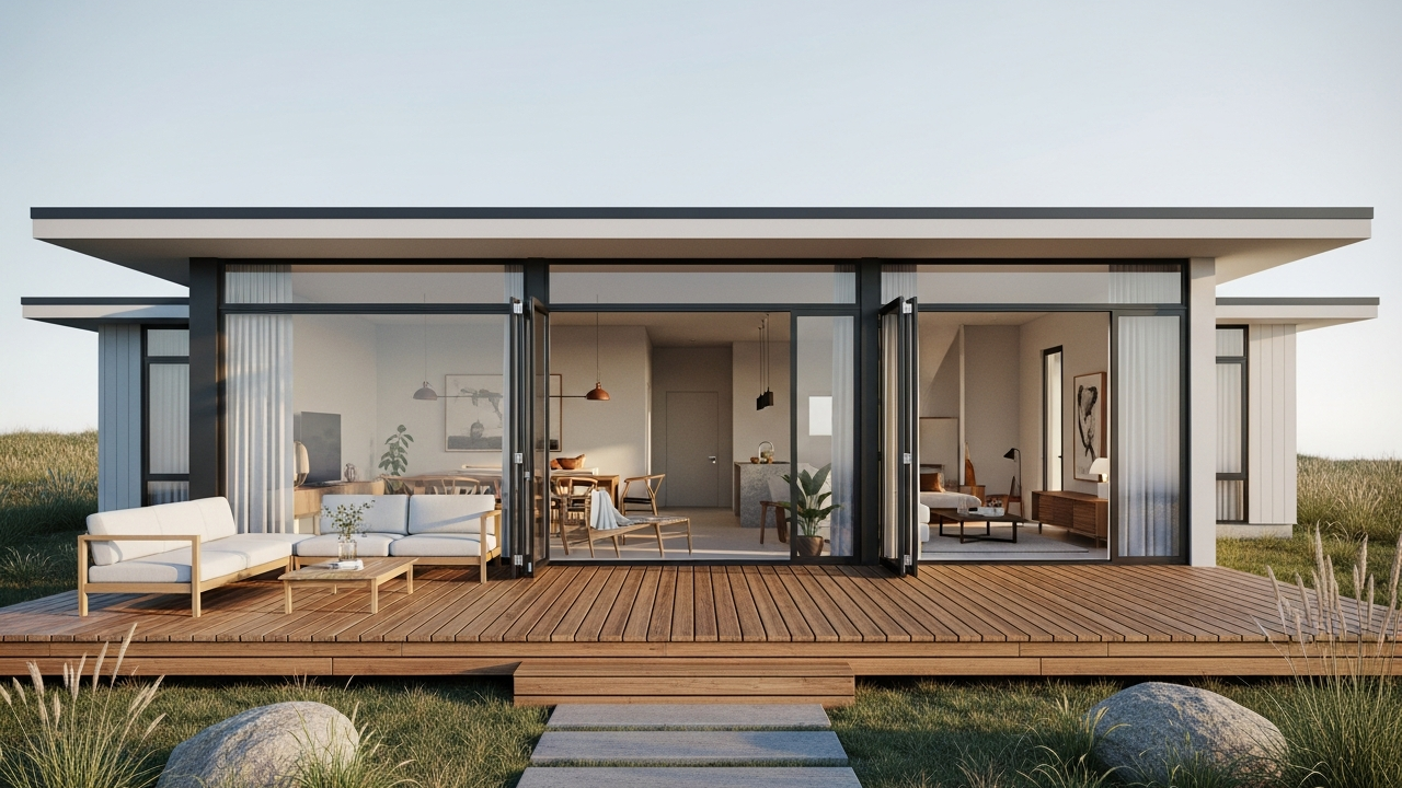 Casa térrea minimalista de 85 metros quadrados com deck frontal e integração total dos ambientes