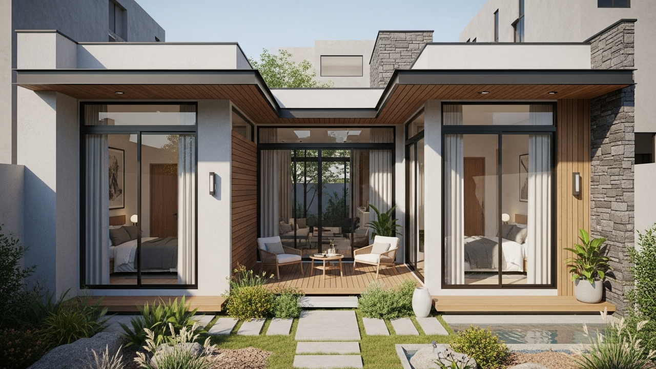 Projeto de casa térrea moderna com 90 metros quadrados, 2 dormitórios, suíte e pátio interno otimiza espaços urbanos