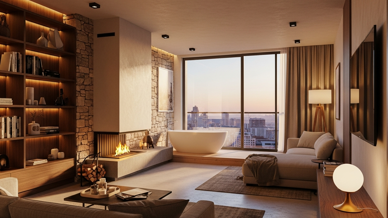 Este projeto de 52 metros quadrados surpreende com lareira, banheira com vista e soluções que transformam conforto em estilo de vida