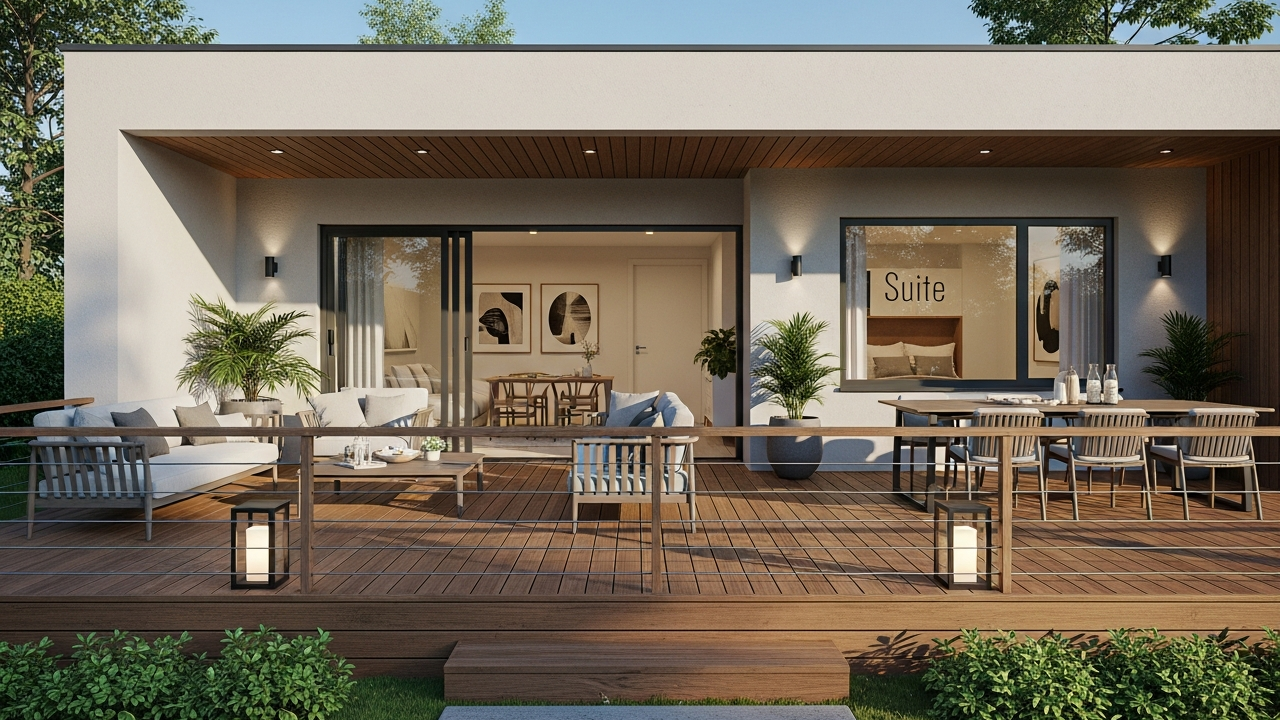 Deck frontal amplia espaços da casa térrea de lazer com 1 suíte, sala integrada e 65 metros quadrados de funcionalidade