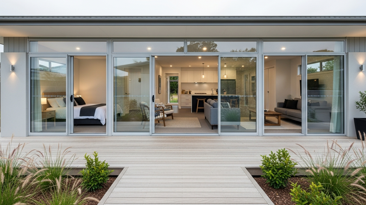 Deck frontal amplia espaços da casa térrea de lazer com 1 suíte, sala integrada e 65 metros quadrados de funcionalidade