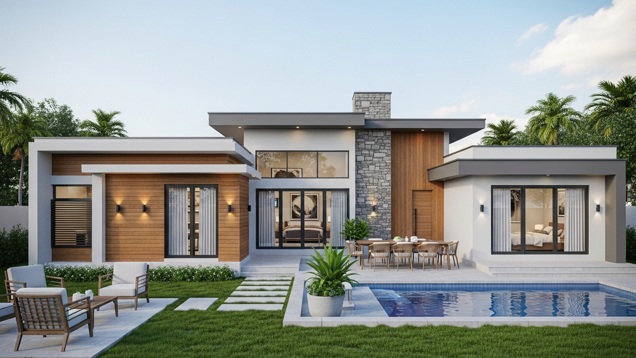 Projeto familiar de casa térrea com 3 dormitórios, quintal amplo e integração de áreas sociais Com 105 metros quadrados