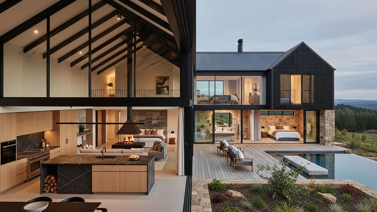 Com telhado de duas águas e linhas retas, casa de campo esconde interior amplo e integrado