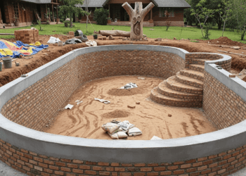 Ela construiu uma piscina de alvenaria na fazenda, com borda reforçada e acabamento em cimento, seguindo apenas esses passos