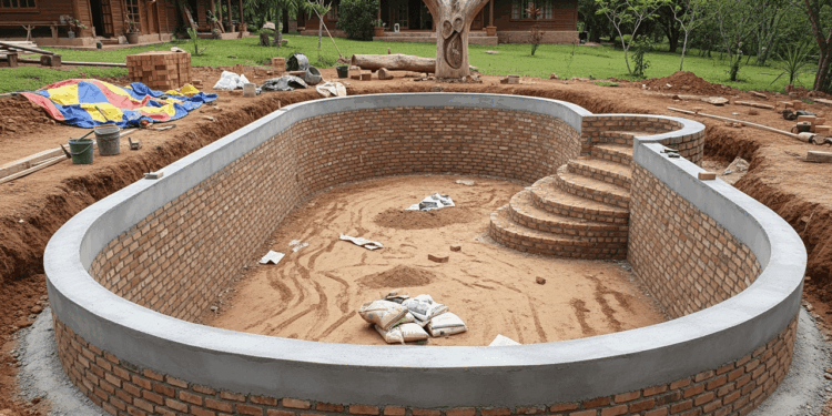 Ela construiu uma piscina de alvenaria na fazenda, com borda reforçada e acabamento em cimento, seguindo apenas esses passos