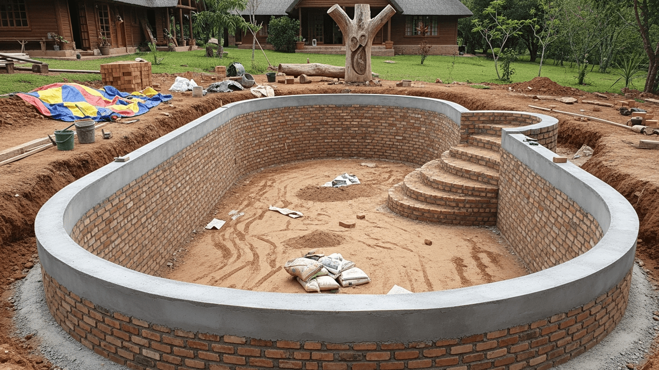 Ela construiu uma piscina de alvenaria na fazenda, com borda reforçada e acabamento em cimento, seguindo apenas esses passos