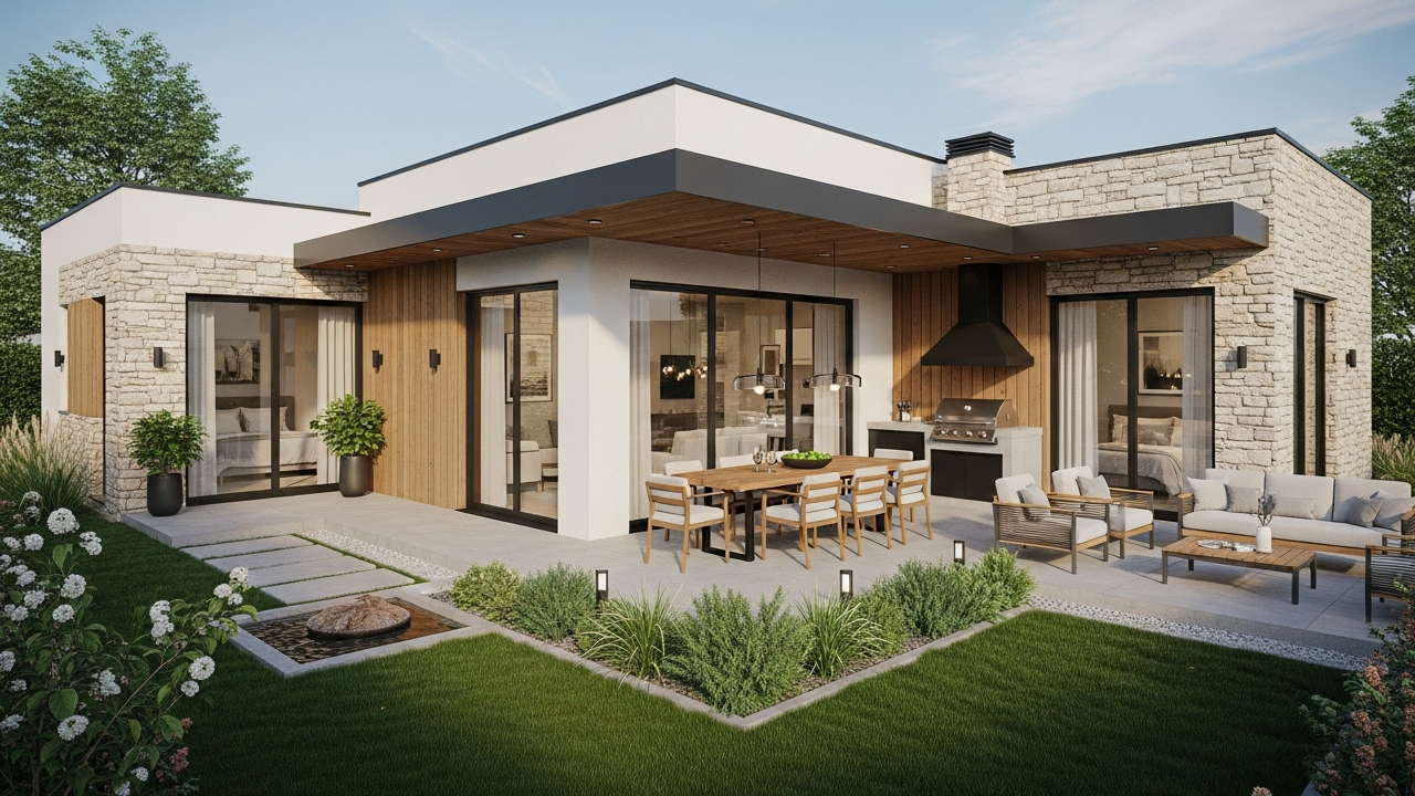 Arquitetura de casa térrea em L com 3 dormitórios e varanda gourmet une integração social e privacidade