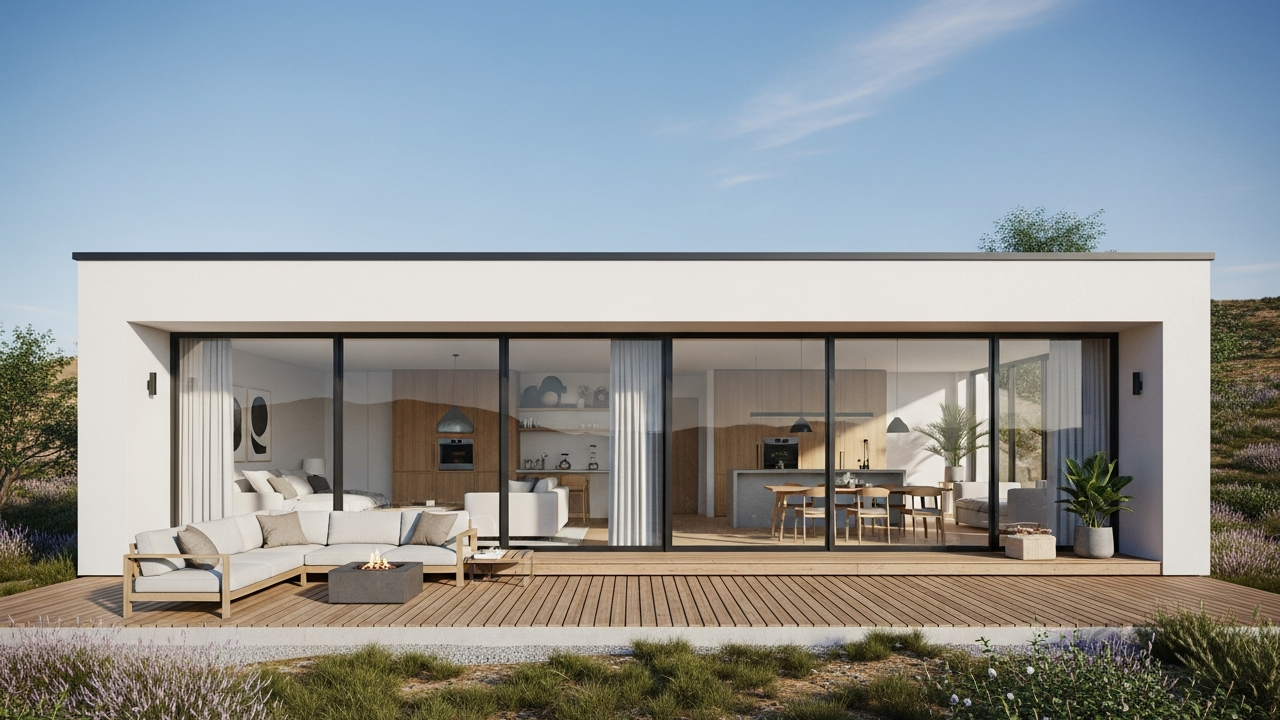 Casa térrea minimalista de 85 metros quadrados com deck frontal e integração total dos ambientes