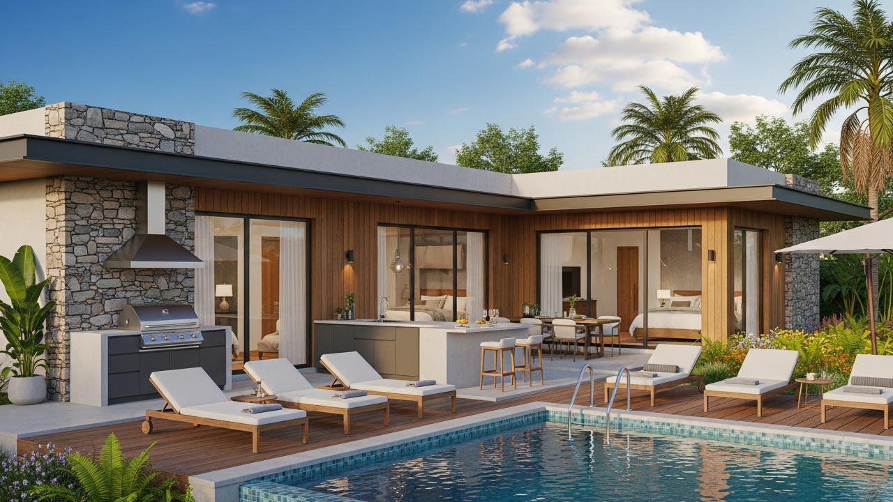 Projeto de casa minimalista com portas de vidro grandes, cozinha externa e jardim tropical planejado