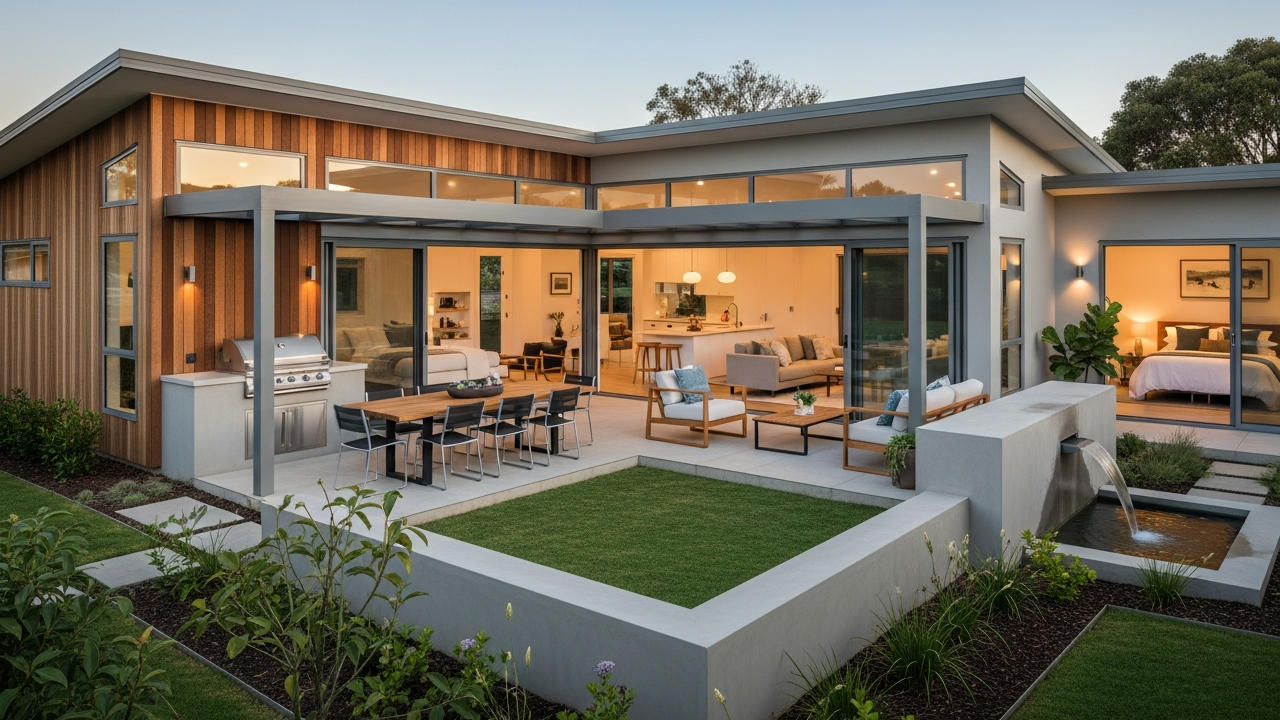 Arquitetura de casa térrea em L com 3 dormitórios e varanda gourmet une integração social e privacidade