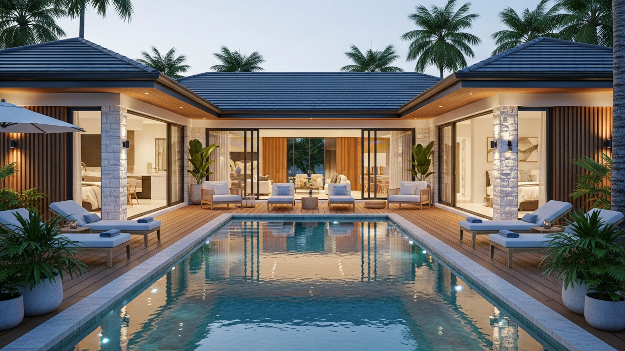 Projeto de casa térrea em U com piscina central, 4 quartos e planta pensada para terrenos amplos