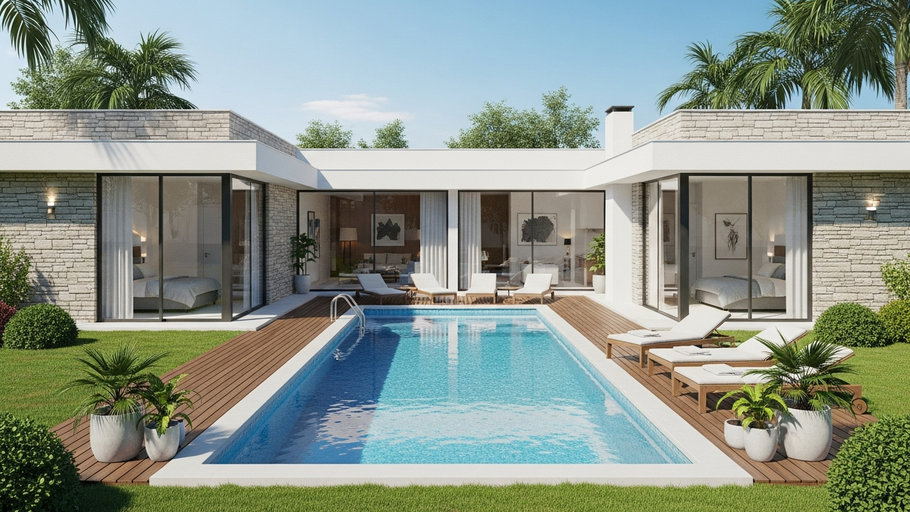 Projeto de casa térrea em U com piscina central, 4 quartos e planta pensada para terrenos amplos