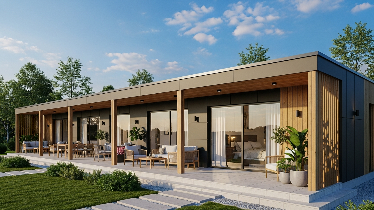 A varanda contínua desta casa linear moderna de 110 m² com 3 dormitórios e suíte amplia espaço e integração