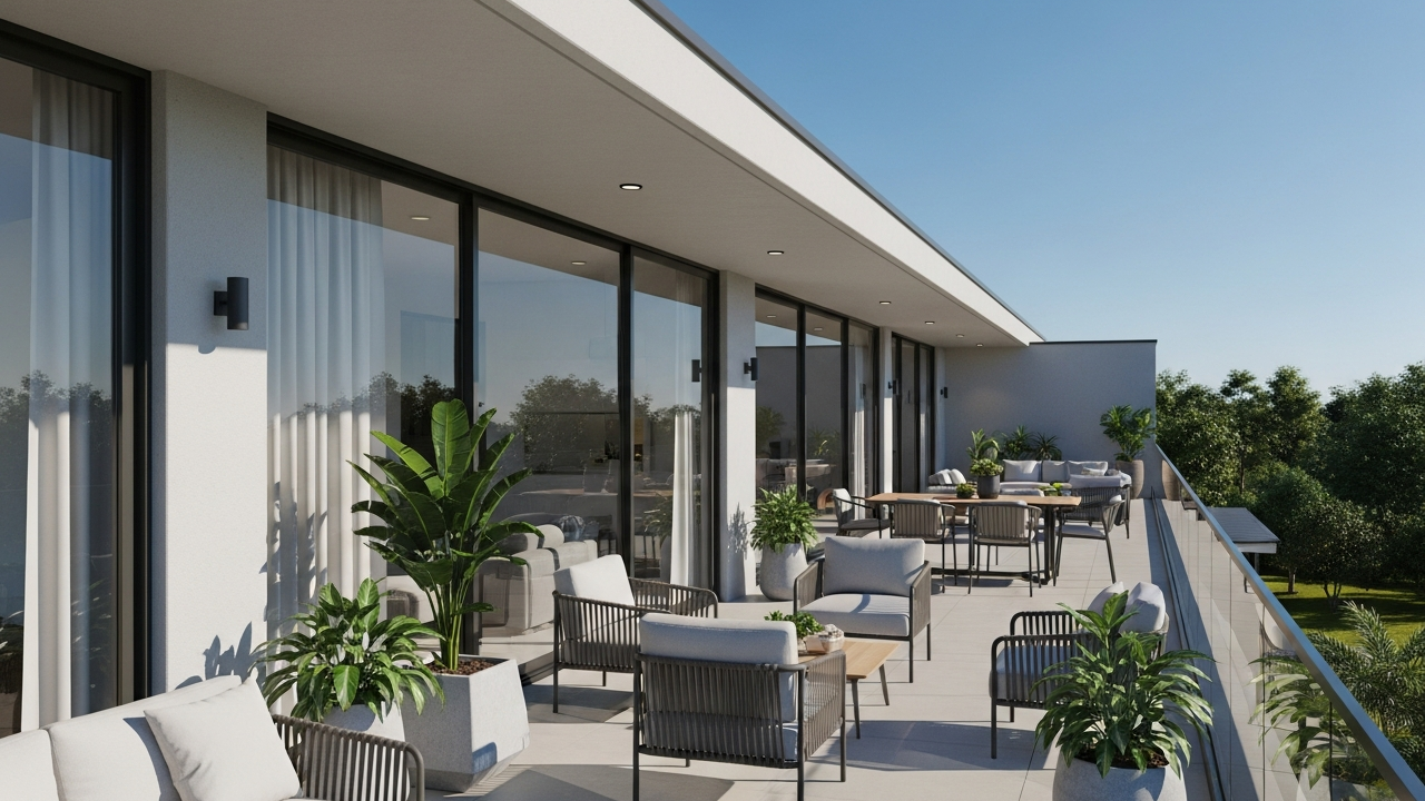 A varanda contínua desta casa linear moderna de 110 m² com 3 dormitórios e suíte amplia espaço e integração