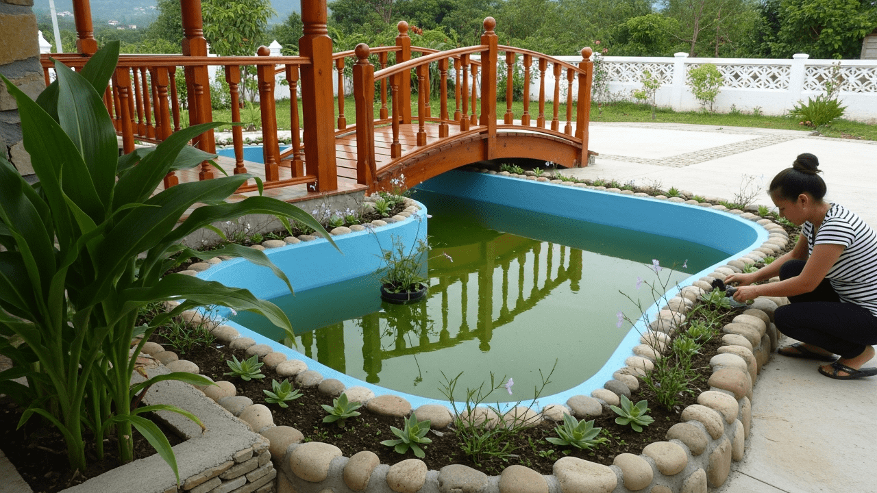 Ela fez um refúgio artesanal com cabana e aquário no campo que une lazer e contemplação apenas com as mãos