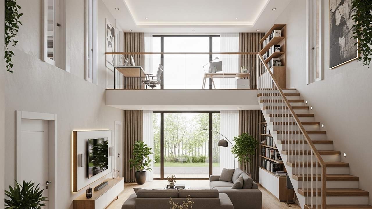 Residência de 92 metros quadrados com pé-direito duplo e mezanino cria sensação de amplitude e integração visual