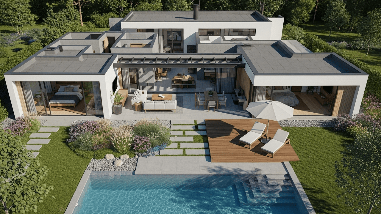 Projeto de casa térrea de 70 m² integra sala, cozinha americana e piscina com design moderno