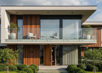 Projeto moderno com telhado oculto, varanda frontal e custo estimado entre R$ 330 mil e R$ 380 mil