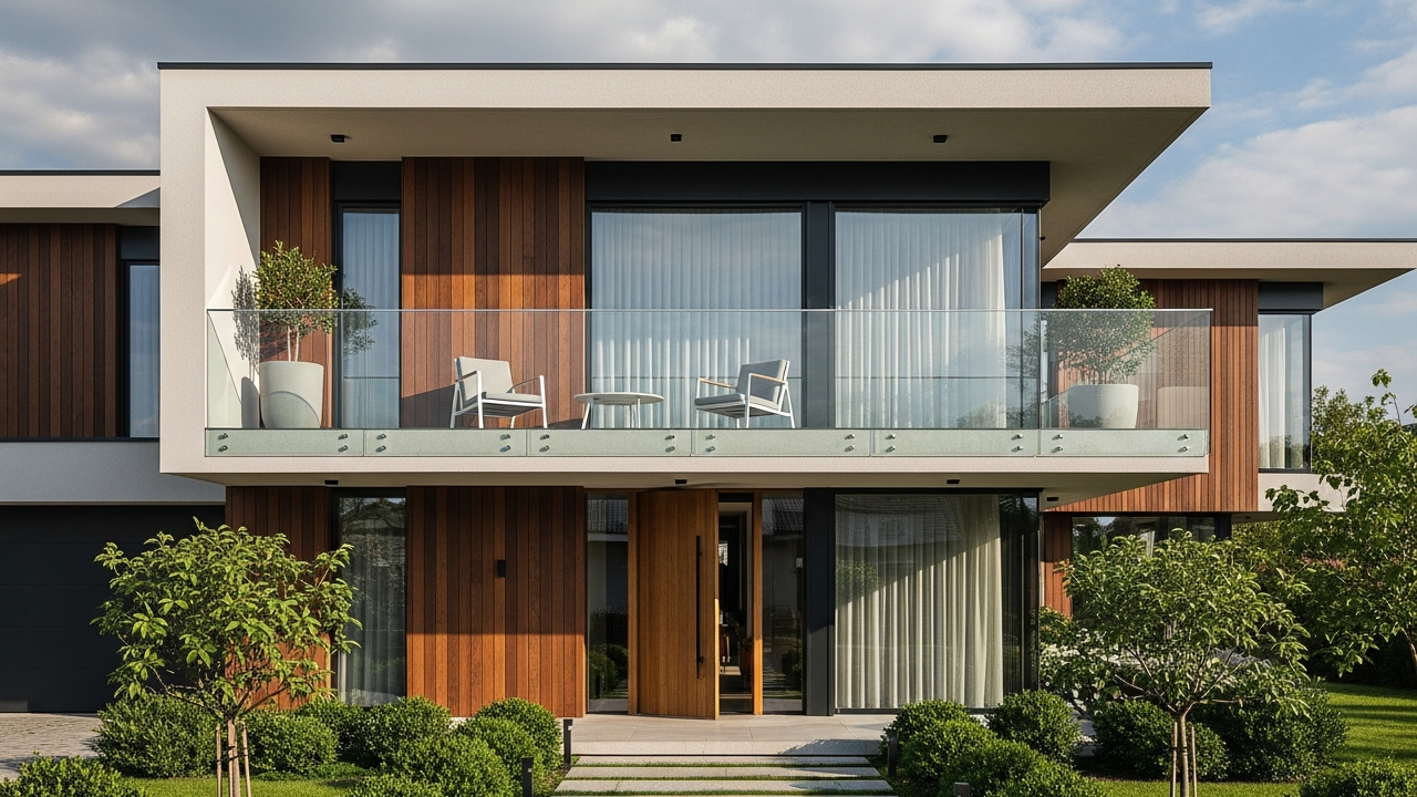Projeto moderno com telhado oculto, varanda frontal e custo estimado entre R$ 330 mil e R$ 380 mil