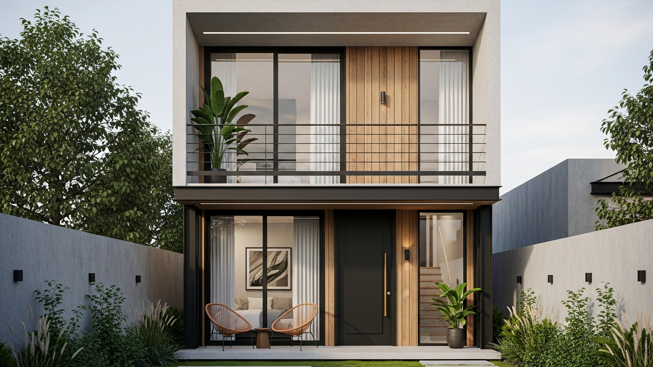 Sobrado compacto de 78 metros quadrados com estúdio no térreo e suíte superior pensado para uso híbrido