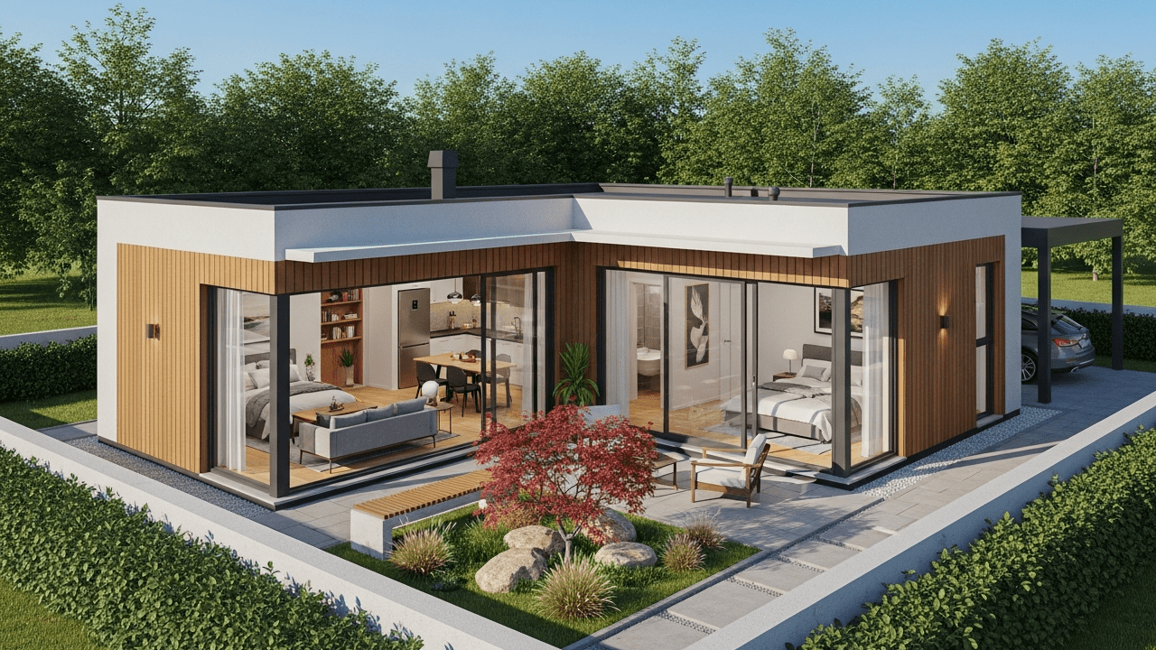 Projeto de casa térrea compacta 76 metros quadrados com pátio interno, 2 quartos, 1 banheiro, ventilação cruzada e privacidade