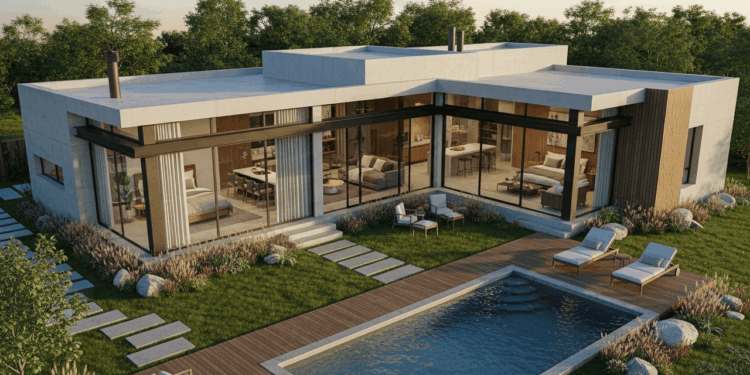 Projeto de casa térrea de 70 m² integra sala, cozinha americana e piscina com design moderno