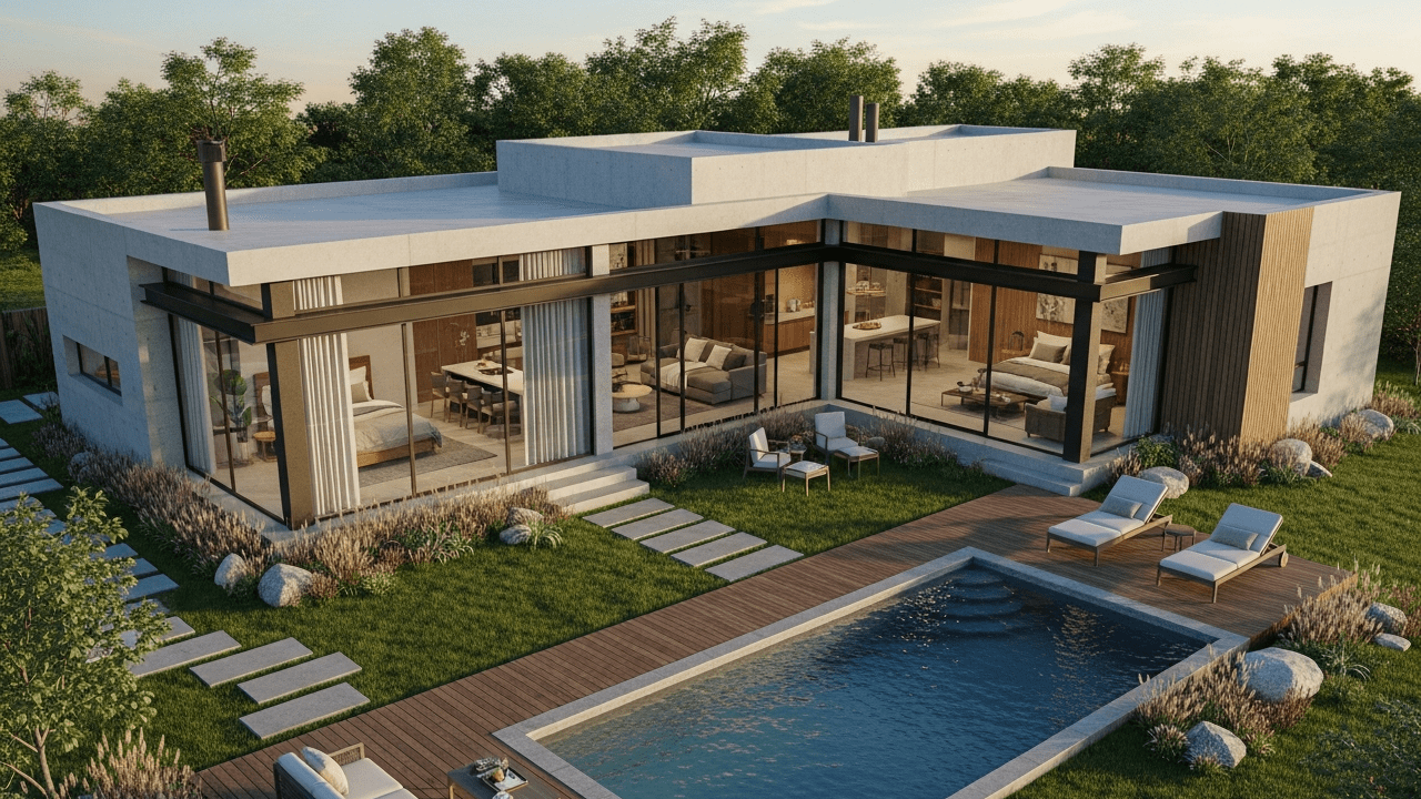 Projeto de casa térrea de 70 m² integra sala, cozinha americana e piscina com design moderno