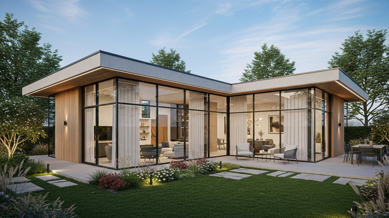 Projeto de casa térrea em L com fachada de vidro e integração ao jardim para famílias até R$ 18 mil