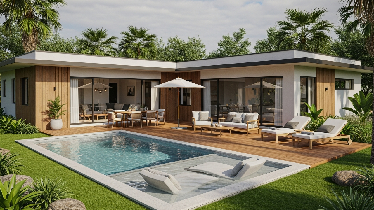 Casa térrea em L com 2 suítes, área gourmet, piscina e design moderno ideal para famílias pequenas