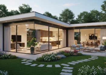 Projeto de casa térrea em L com fachada de vidro e integração ao jardim para famílias até R$ 18 mil