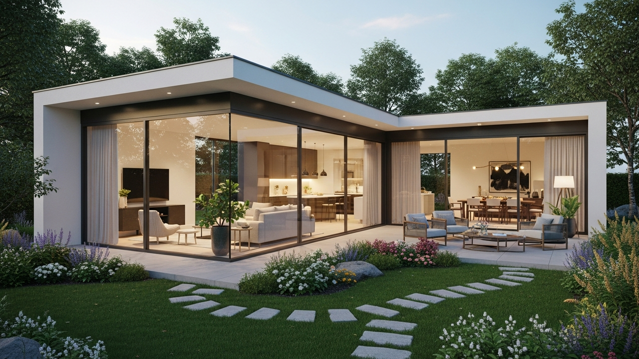 Projeto de casa térrea em L com fachada de vidro e integração ao jardim para famílias até R$ 18 mil