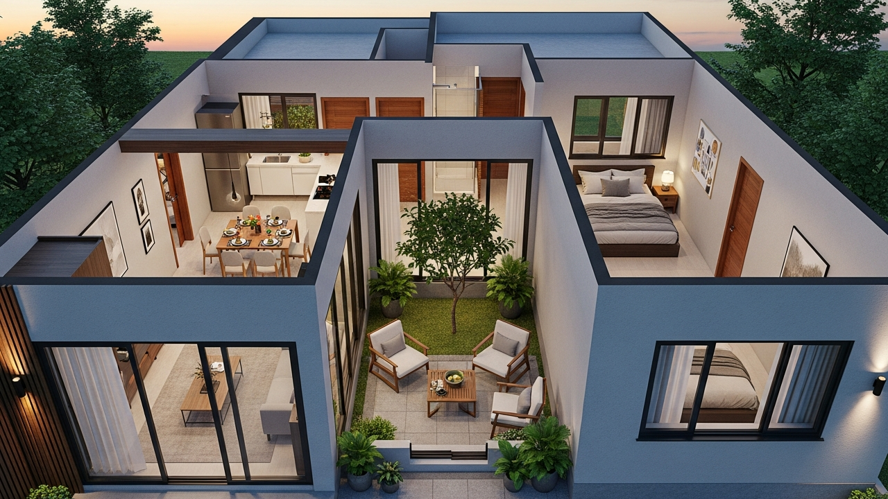 Projeto de casa térrea compacta 76 metros quadrados com pátio interno, 2 quartos, 1 banheiro, ventilação cruzada e privacidade