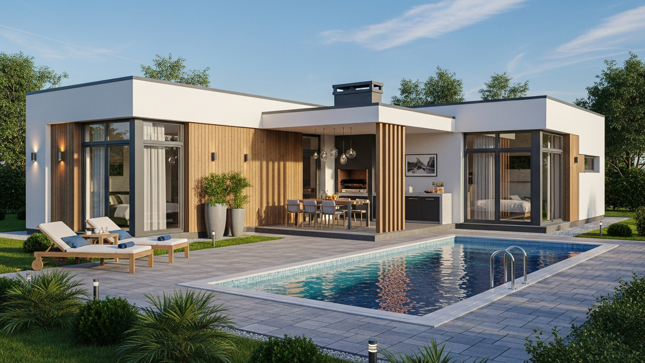 Casa térrea em L com 2 suítes, área gourmet, piscina e design moderno ideal para famílias pequenas