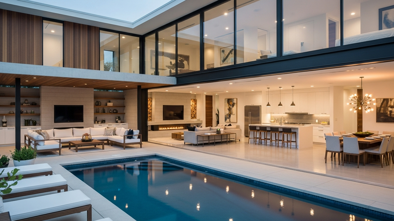 Casa moderna com piscina e áreas sociais integradas revela projeto eficiente e sofisticado
