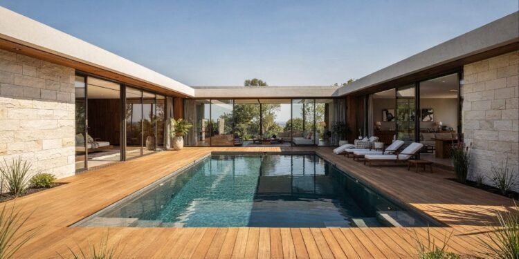 Explore esta casa térrea em U com piscina central, 4 suítes e áreas integradas para lazer e conforto
