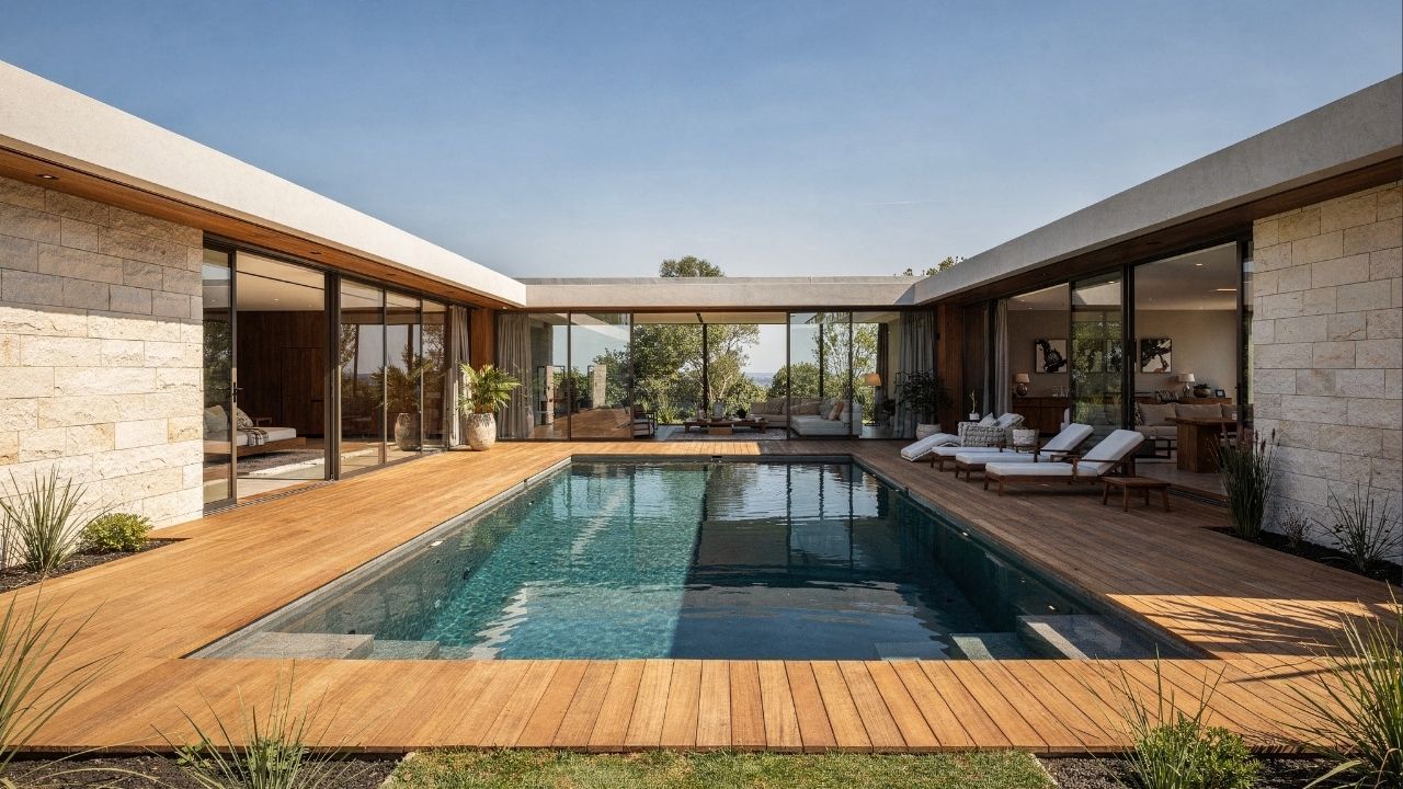 Explore esta casa térrea em U com piscina central, 4 suítes e áreas integradas para lazer e conforto