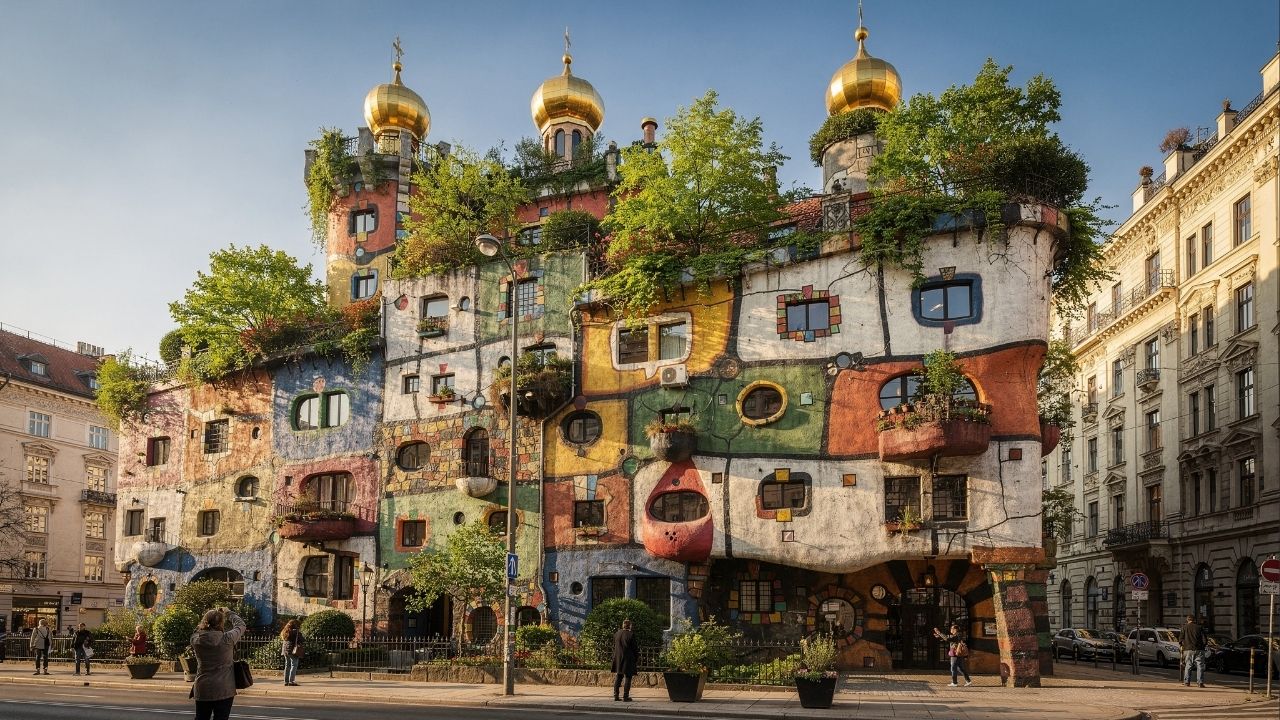Com suas fachadas coloridas e 250 árvores integradas aos terraços, o edifício de 1985 tornou-se um marco da arquitetura orgânica e ecológica em Viena