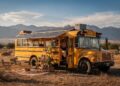 Casal transforma ônibus escolar velho em mansão sobre rodas com energia solar, chuveiro quente e viaja o mundo sem pagar aluguel
