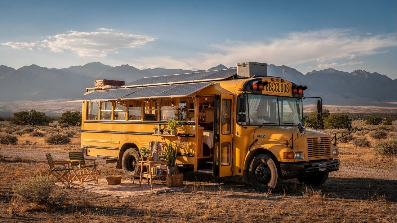 Casal transforma ônibus escolar velho em mansão sobre rodas com energia solar, chuveiro quente e viaja o mundo sem pagar aluguel