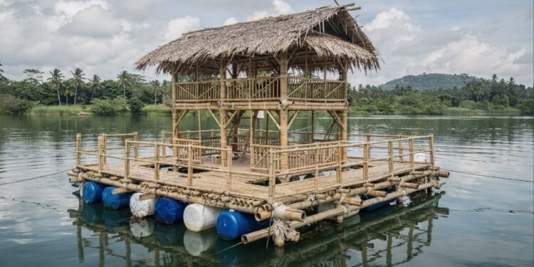 Sozinho, ele construiu uma ilha flutuante usando apenas madeira e bambu de forma autossuficiente e sustentável