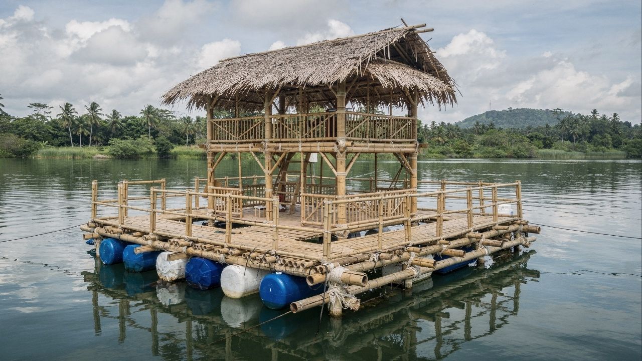 Sozinho, ele construiu uma ilha flutuante usando apenas madeira e bambu de forma autossuficiente e sustentável