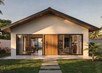 Projeto familiar de casa térrea com 3 dormitórios, quintal amplo e integração de áreas sociais Com 105 metros quadrados