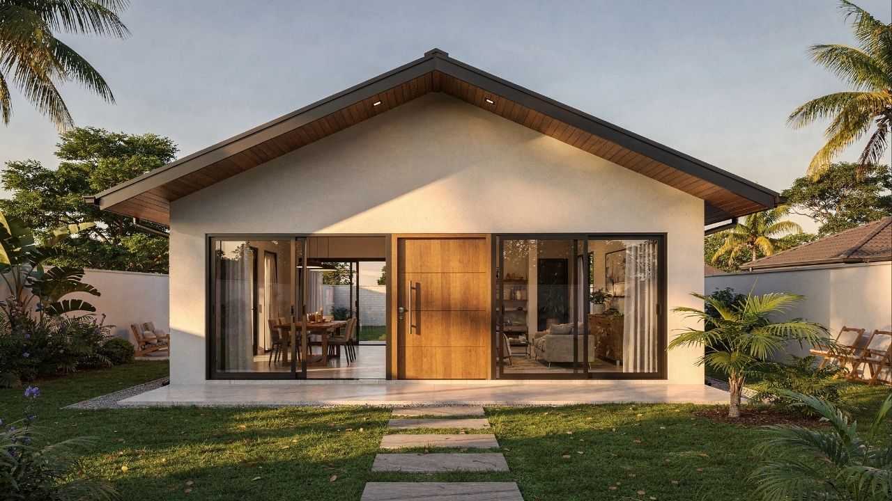 Projeto familiar de casa térrea com 3 dormitórios, quintal amplo e integração de áreas sociais Com 105 metros quadrados