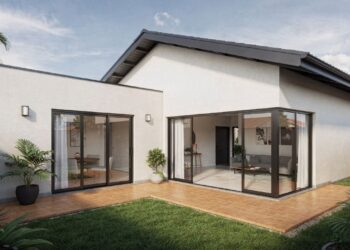 Projeto funcional de casa térrea com 88 metros quadrados em L com 2 dormitórios, 2 banheiros e quintal lateral protegido