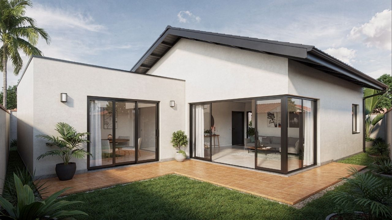 Projeto funcional de casa térrea com 88 metros quadrados em L com 2 dormitórios, 2 banheiros e quintal lateral protegido