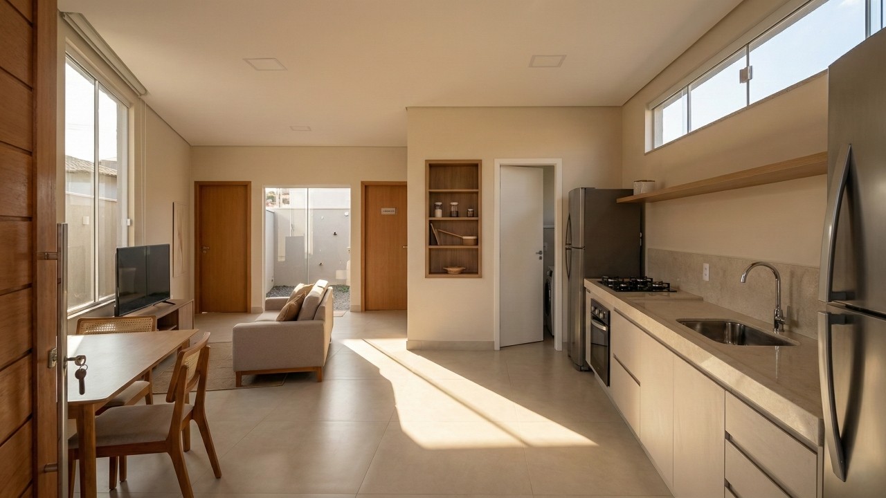 Casa térrea de 73 metros quadrados com suíte e cozinha americana vira solução ideal para terrenos de 6x20 metros