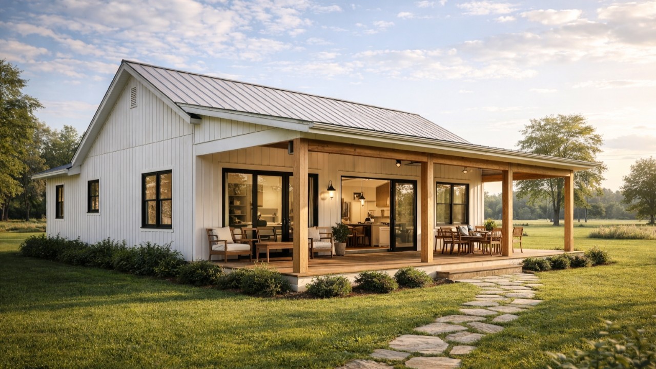 Casa farmhouse moderna com até 170 metros quadrados, suítes confortáveis e portas de vidro