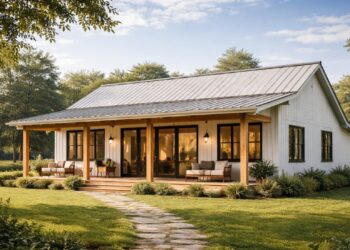 Casa farmhouse moderna com até 170 metros quadrados, suítes confortáveis e portas de vidro