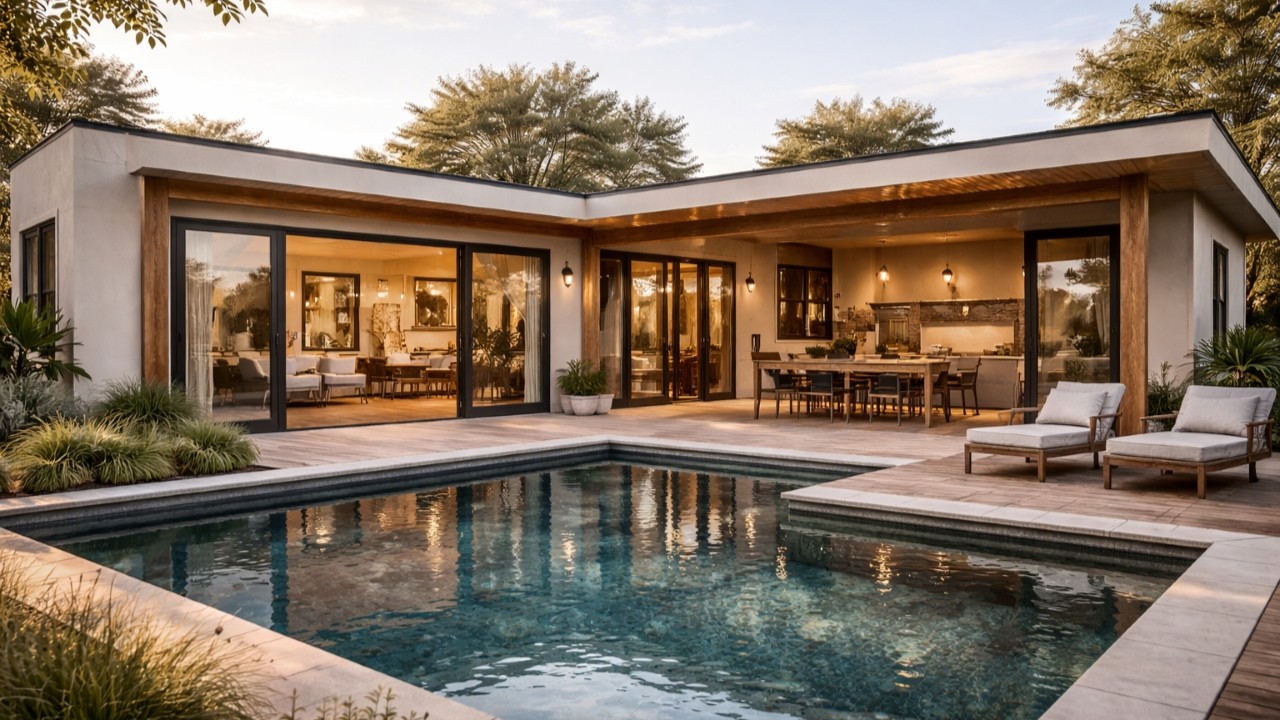 Com até 3 quartos e varanda gourmet, essa casa térrea em L de 220 metros quadrados é ideal para quem ama quintal e piscina