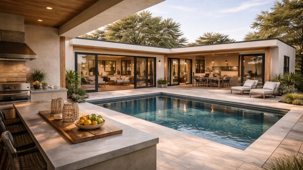 Com até 3 quartos e varanda gourmet, essa casa térrea em L de 220 metros quadrados é ideal para quem ama quintal e piscina